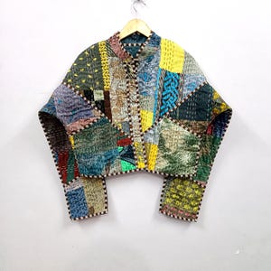 Silk Kantha Cropped Jacket | Reversible Patchwork Cotton Coat