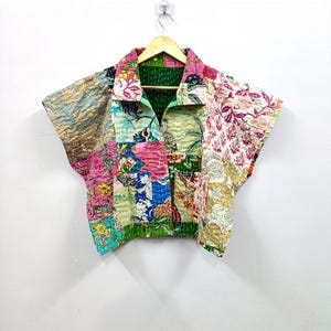 Handcrafted Red Kantha Cotton Top – Upcycled Sari Blouse, Boho Floral