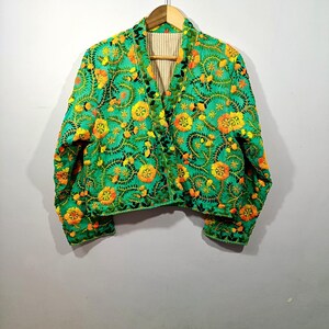 Handbroderad Phulkari-jacka – Beskuren bomullskimono, bohemisk blommig