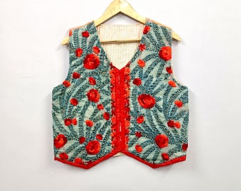 Hand-Embroidered Indian Floral Vest | Blue-Grey Cotton Waistcoat (Reversible)