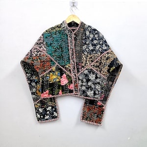 Black Silk Patchwork Jacket | Kantha Embroidered Kimono Style Boho Shrug