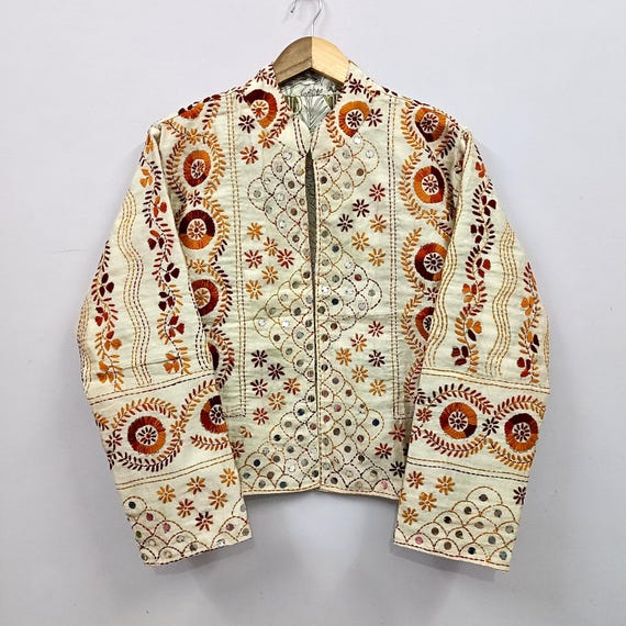 Brown Embroidered Cotton Jacket | Reversible Boho Mirror Work Artisan Layering Coat