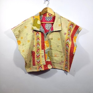 Reversible Red Kantha Crop Jacket, Vintage Cotton Patchwork Boho Vest, Ethnic Embroidery Short Jacket