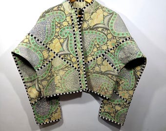 Handmade Kantha Quilt Cropped Jacket | Green Paisley Boho Kimono