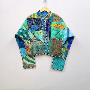 Mehrfarbige Seiden Patchwork Jacke | Handgemachte Kantha Bestickte Boho Kimono Shrug Frauen