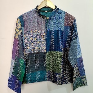 Handmade Silk Patchwork Kantha Jacket – Boho Quilted Vintage Style – Reversible Jacket for Women.