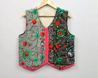 Handbestickte indische Weste | Weste im Folk-Stil mit Blumenmuster, ärmellose Jacke