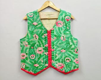 Handgefertigte, bestickte grüne Weste mit Blumenmuster | Indische Boho-Weste (Baumwollmischung)