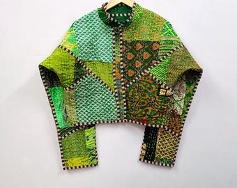 Green Silk Patchwork Kantha Kimono Jacket | Silk Boho Cropped Ethnic Coat | Festival Wear