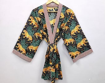 Roupão quimono de algodão com estampa de leopardo feito à mão | Roupão leve estilo boho para mulheres