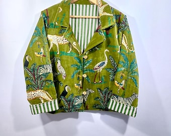 Green Velvet Animal Print Jacket | Handmade Boho Cardigan