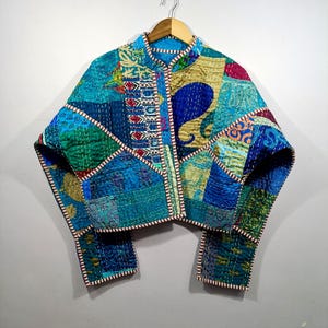 Handmade Reversible Silk Patchwork Jacket | Kantha Stitched, Boho Crop
