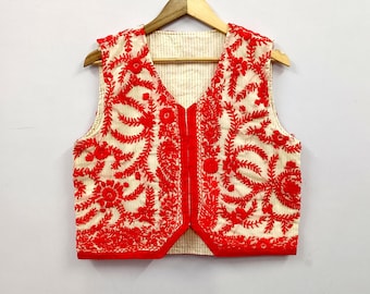 Handmade Embroidered Boho Vest: Red Floral Indian Waistcoat