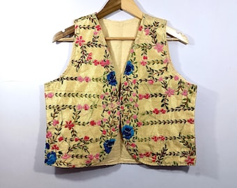 Chaleco de algodón bordado a mano: Chaqueta sin mangas con estampado floral estilo bohemio