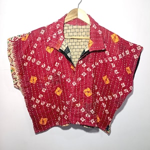 Handcrafted Kantha Patchwork Cotton Top – Red & Orange Boho Shirt | Upcycled Vintage Fabric
