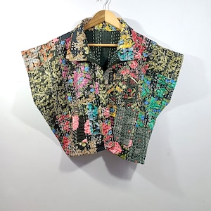 Bluzka w stylu boho z nadrukiem blokowym w kolorze czarnym z bawełny