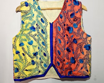 Handgefertigte mehrfarbige bestickte Weste – Boho Patchwork Jacke – Gelbe & Orange ärmellose Weste – Festival Indie Kleidung