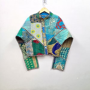 Handmade Reversible Silk Patchwork Jacket | Kantha Stitched, Boho Crop