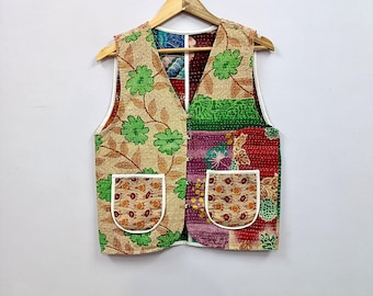 Omkeerbaar kantha-vest: geüpcycled sari-katoen patchwork, boho-gilet