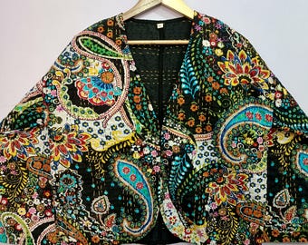 Reversible Cotton Kantha Jacket: Handmade Indian Patchwork Quilted Coat
