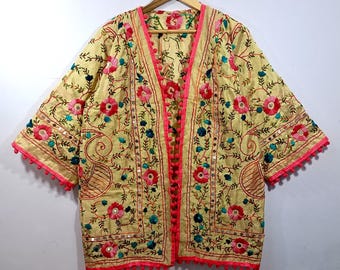 Giacca Kimono Phulkari fatta a mano / Abbigliamento etnico Boho in misto seta floreale