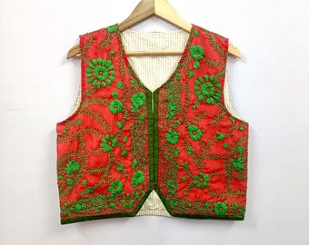 Hand Embroidered Phulkari Cotton Vest | Boho Sleeveless Jacket, Ethnic Waistcoat, Festival Wear
