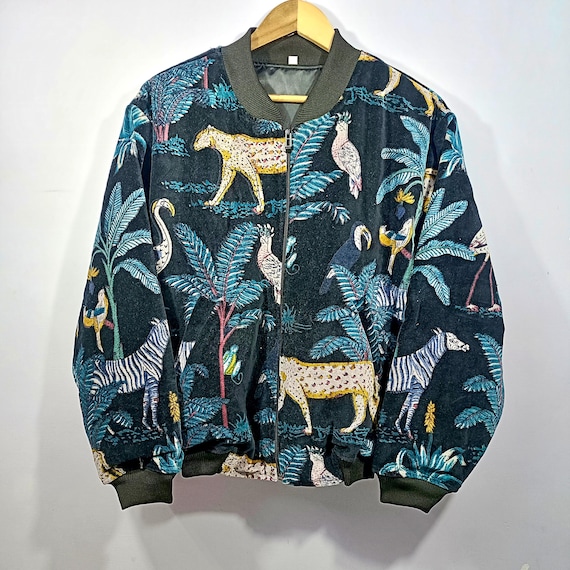 Velvet Bomber Jacket | Jungle Animal Print, Handmade Kantha Quilted