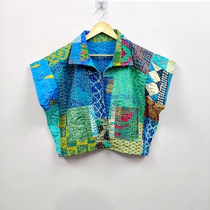 Upcycled Silk Patchwork Crop Top | Boho Kantha Quilted Blouse, Festival Style