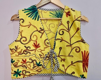 Chaleco corto bohemio bordado de algodón: chaleco hippie floral hecho a mano