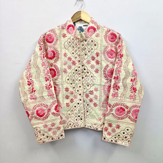 Pink Embroidered Cotton Jacket | Reversible Boho Mirror Work Artisan Layering Coat