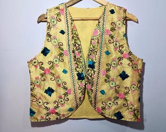 Handmade Embroidered Cotton Vest: Boho Floral Mirror Work Jacket