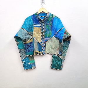 Handmade Reversible Silk Patchwork Jacket | Kantha Stitched, Boho Crop