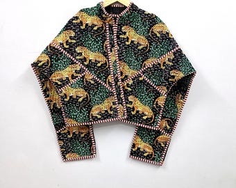 Handmade Leopard Print Patchwork Jacket | Quilted Folk Style, Festival Wear