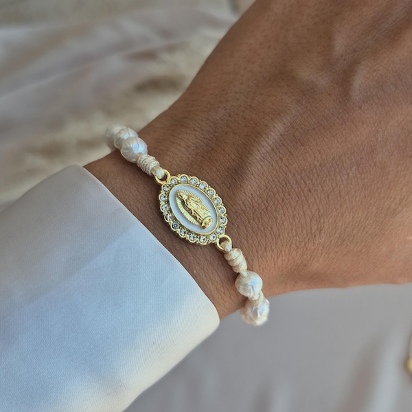 Handmade White Rose Rosary Bracelet: Our Lady of Guadalupe Medal & Gold Cross