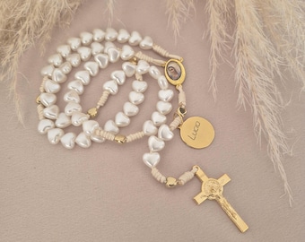 Personalized Rosary: White Heart Beads, Baptism Gift