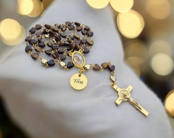 Personalized Rosary: Brown & Gold Heart Beads, Baptism Gift