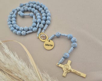 Rosario personalizado de acero inoxidable dorado: Regalo de bautismo católico