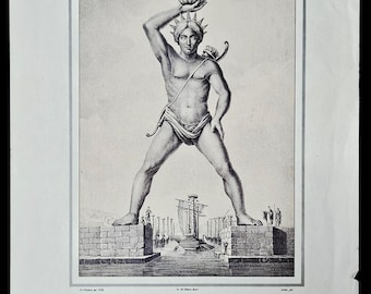 Litografía del Coloso de Rodas de 1828 – Grabado antiguo de Le Colosse, Las Siete Maravillas