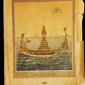 May include: Vintage print of a detailed, ornate boat sailing on water, with a central tower and decorative elements. The print is framed and has the word "CIRCA" at the top. The text "Baton del Re del Siam" is below the boat.