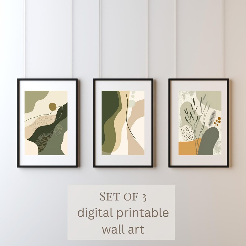 Japandi Wall Art Set of 3 | Sage Green & Beige Abstract Printable ...