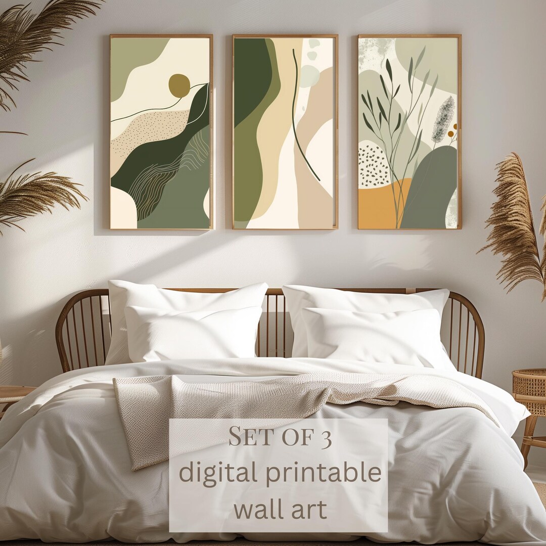Japandi Wall Art Set of 3 | Sage Green & Beige Abstract Printable ...