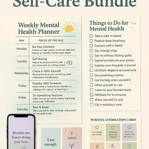 Mental Health Self-Care Bundle | Printable Planner, Checklist, Affirmation Cards & Phone Wallpapers