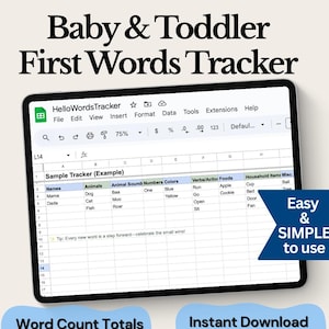 Puede incluir: Una tableta digital muestra una hoja de cálculo "Baby & Toddler First Words Tracker". La hoja de cálculo incluye columnas para nombres, animales, colores y verbos. El texto en la pantalla dice "Word Count Totals" y "Instant Download".