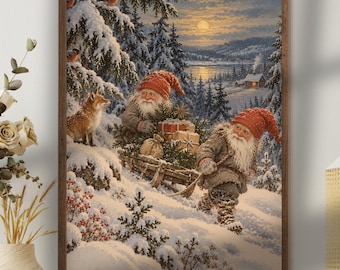 May include: A framed wall art print depicting a snowy winter landscape at twilight. Two gnomes with red hats and white beards are pulling a wooden sled loaded with gifts through deep snow near a fox, pine trees, and a distant cabin.