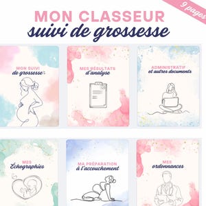 Peut inclure: Ensemble de neuf cartes illustrées avec des fonds aquarelle, conçues pour le suivi de la grossesse. Les cartes présentent des dessins au trait et du texte en français, dont "Mon Classeur suivi de grossesse" et des titres comme "Mon Suivi de grossesse" et "Mes résultats d'analyse".