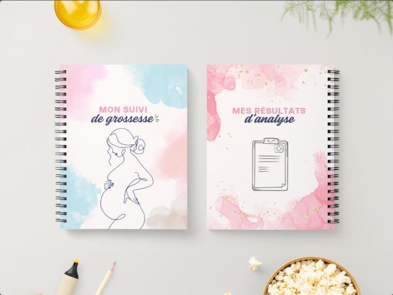 May include: Two spiral-bound notebooks with white covers. The left notebook features a line drawing of a pregnant person and the text "MON SUIVI de grossesse" with blue and pink watercolor accents. The right notebook shows a medical clipboard icon and the text "MES R&Eacute;SULTATS d'analyse" with pink watercolor and gold flecks.