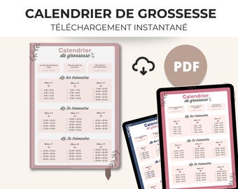 Calendrier de grossesse imprimable – Format A4  Portrait ET Paysage (fichier numérique) - 3 couleurs