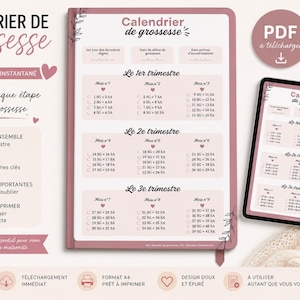 Calendrier de grossesse imprimable – Format A4  Portrait ET Paysage (fichier numérique) - 3 couleurs