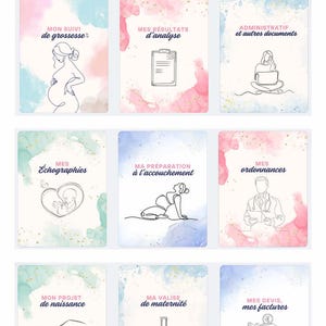 May include: A nine-page pregnancy tracker binder set featuring watercolor backgrounds in pastel pink, blue, and green. Each page includes line art illustrations and French text labels for organizing medical documents, ultrasound scans, and birth plans.
