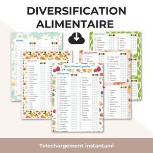 Peut inclure: Plusieurs tableaux de diversification alimentaire imprimables, avec des illustrations colorées de fruits, légumes et herbes. Les tableaux comprennent des listes de contrôle et le texte "Diversification Alimentaire" et "Téléchargement instantané".